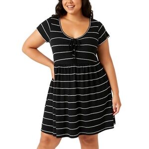 Anthropologie See You Monday Dress L Black Fit Flare Scallop Stripe Tiered Tie‎
